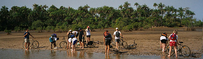Un groupe d'heureux vététistes de Casamance VTT, au milieu des fabuleux paysage de Casamance, à Loudia Wolof près d'Oussoute